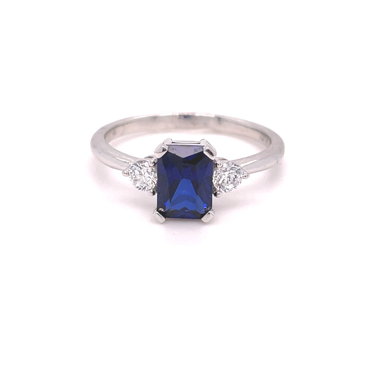 9ct White Gold Emerald Cut Sapphire Ring With CZ Shoulders