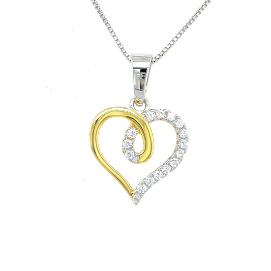 Sterling Silver and Gold Plated Half CZ Open Heart Pendant