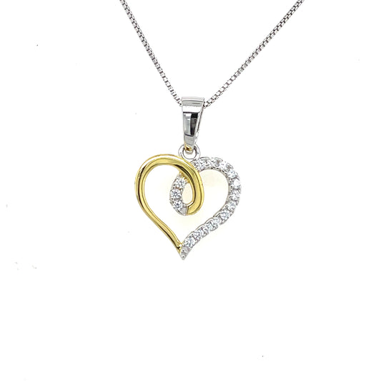 Sterling Silver and Gold Plated Half CZ Open Heart Pendant