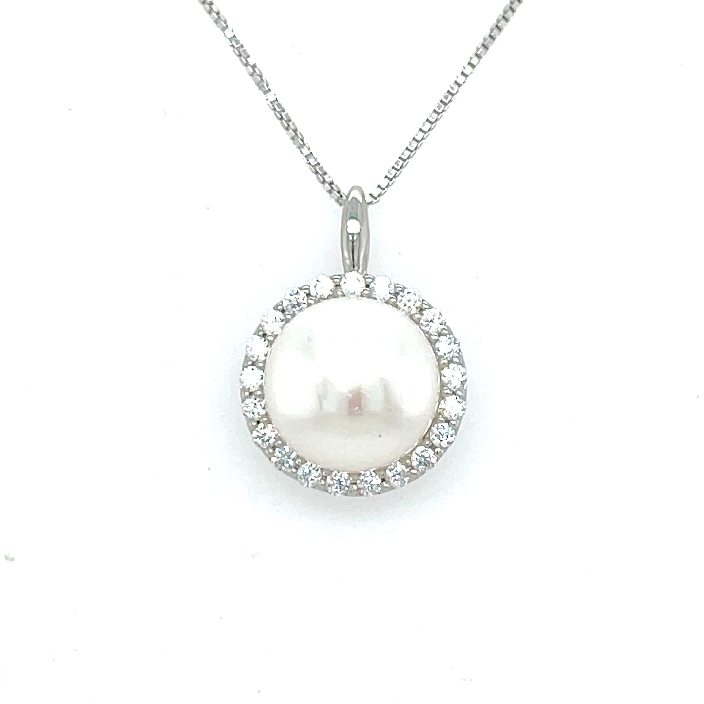 Sterling Silver Freshwater Pearl Pendant with CZ Halo