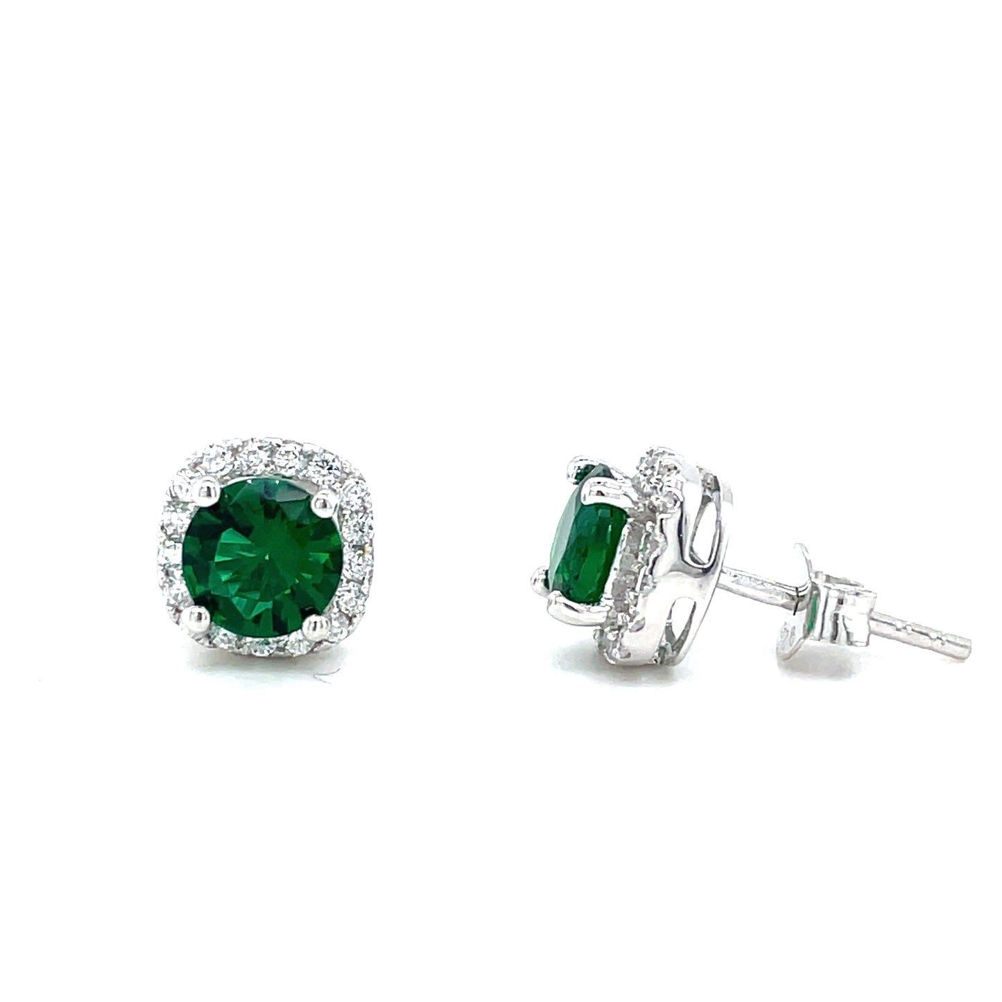 Sterling Silver Round Green & White CZ Halo Stud Earrings