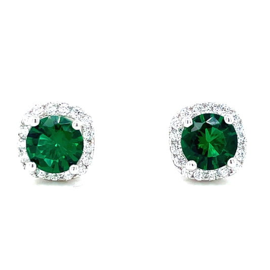 Sterling Silver Round Green & White CZ Halo Stud Earrings