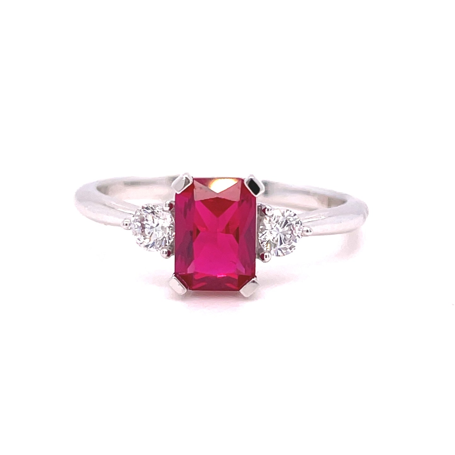 9ct White Gold Emerald Cut Ruby RIng with CZ Shoulders