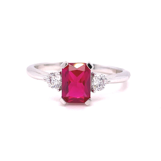 9ct White Gold Emerald Cut Ruby RIng with CZ Shoulders