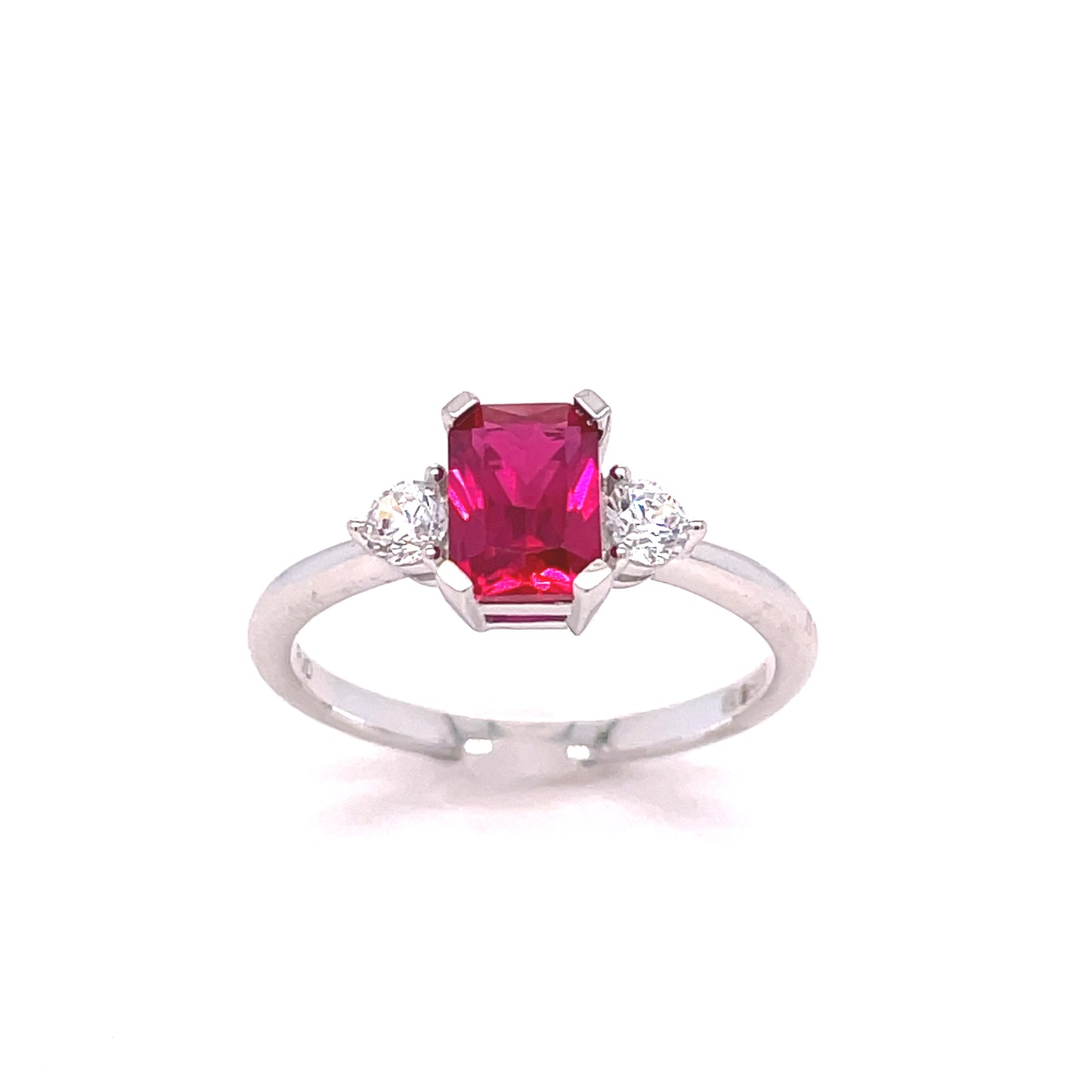 9ct White Gold Emerald Cut Ruby RIng with CZ Shoulders