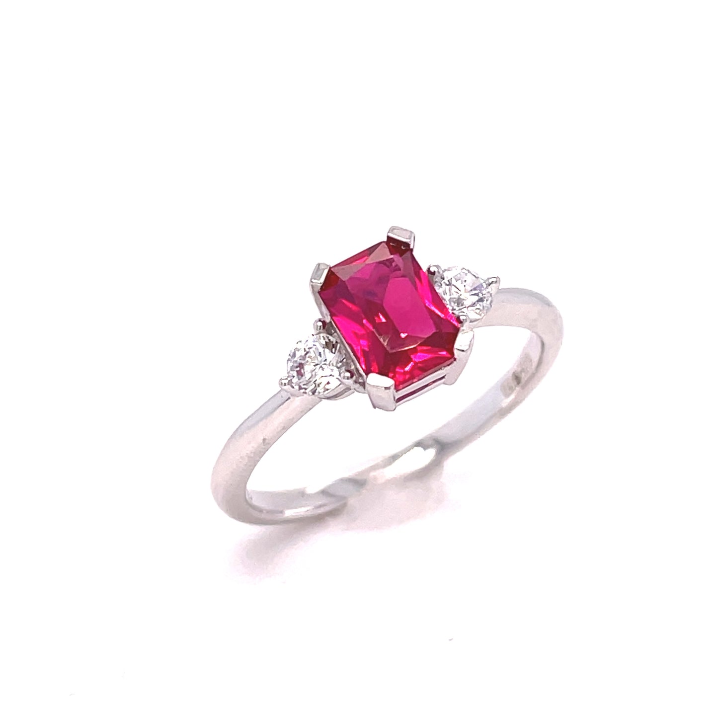 9ct White Gold Emerald Cut Ruby RIng with CZ Shoulders