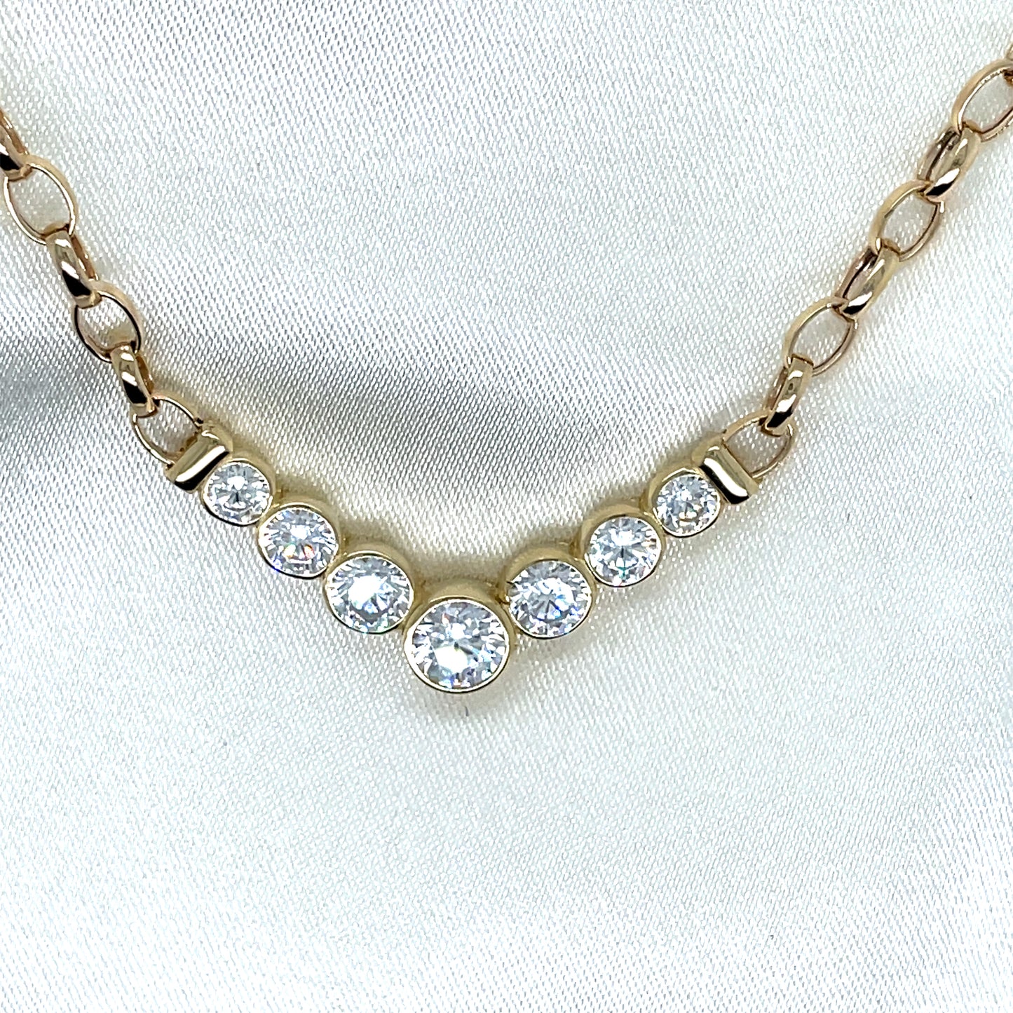 9ct Seven Stone Rubover CZ Necklet with Belcher Chain