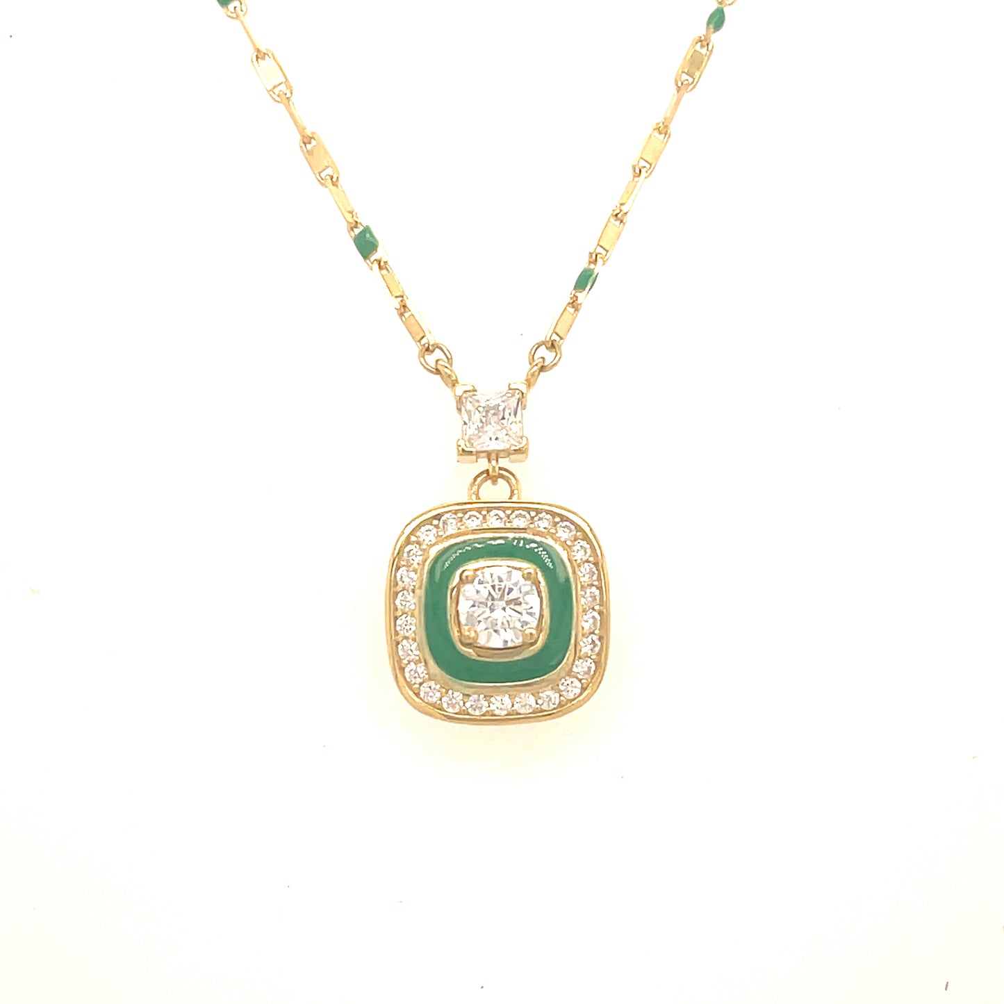 9ct Gold CZ and Green Enamel Square Custer Necklet with Beaded Chain