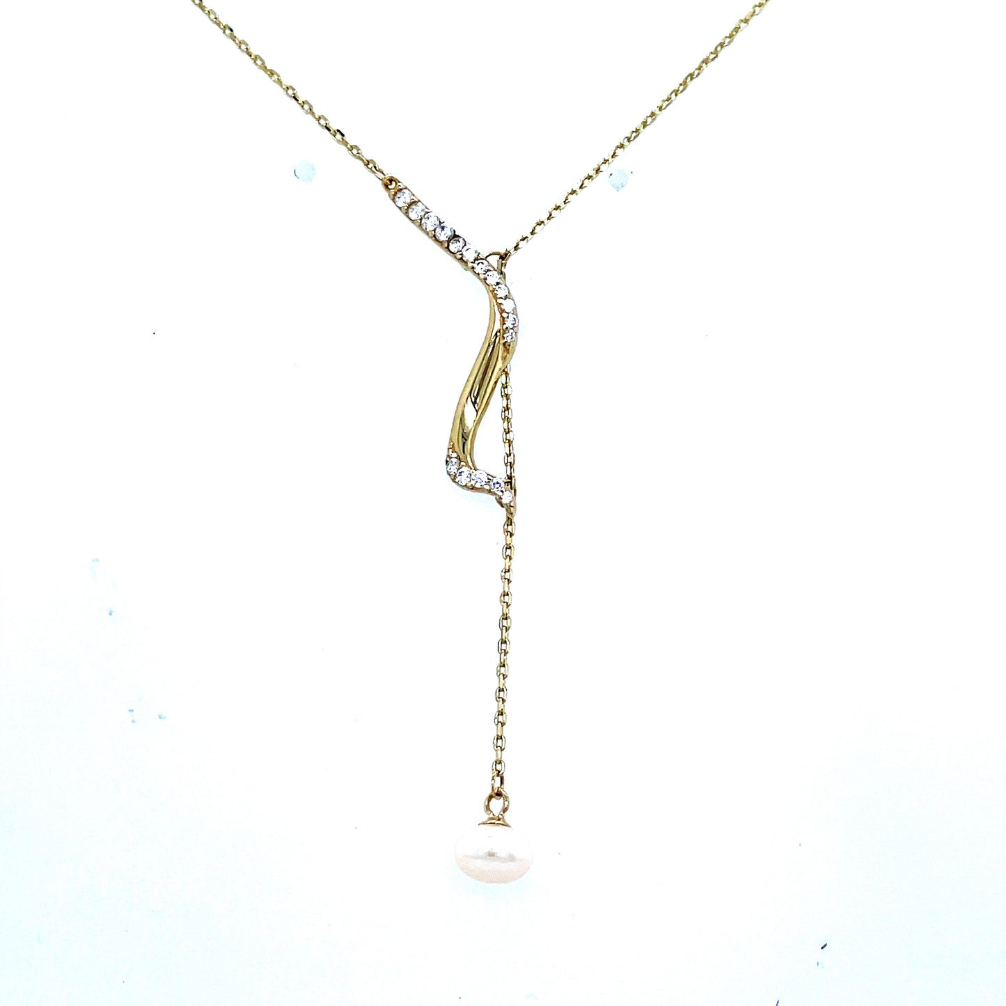 9ct Gold Cz Open Swirl Drop Pearl Necklet
