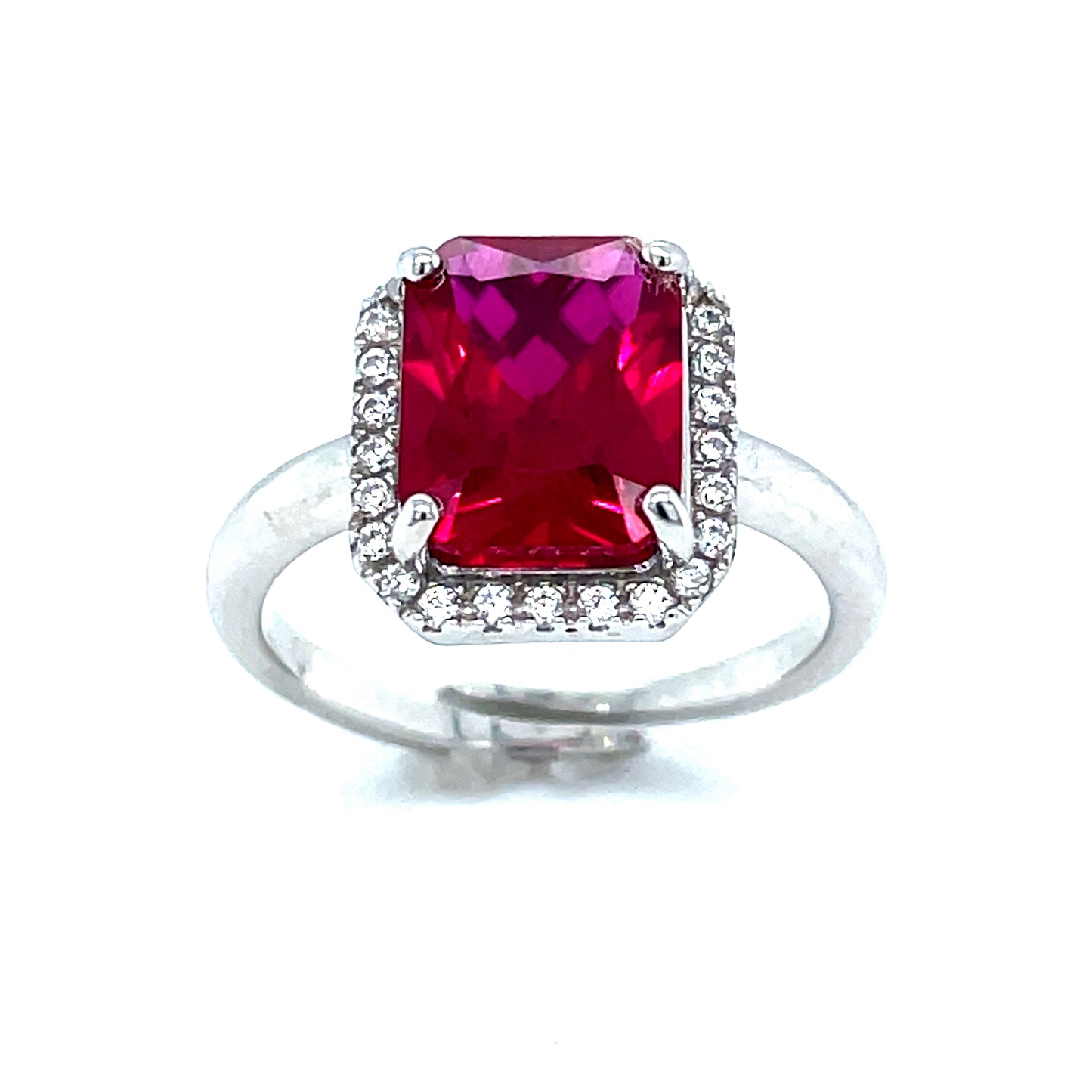 STERLING SILVER CUBIC ZIRCONIA AND RED STONE EMERALD CUT HALO EXPANDER RING
