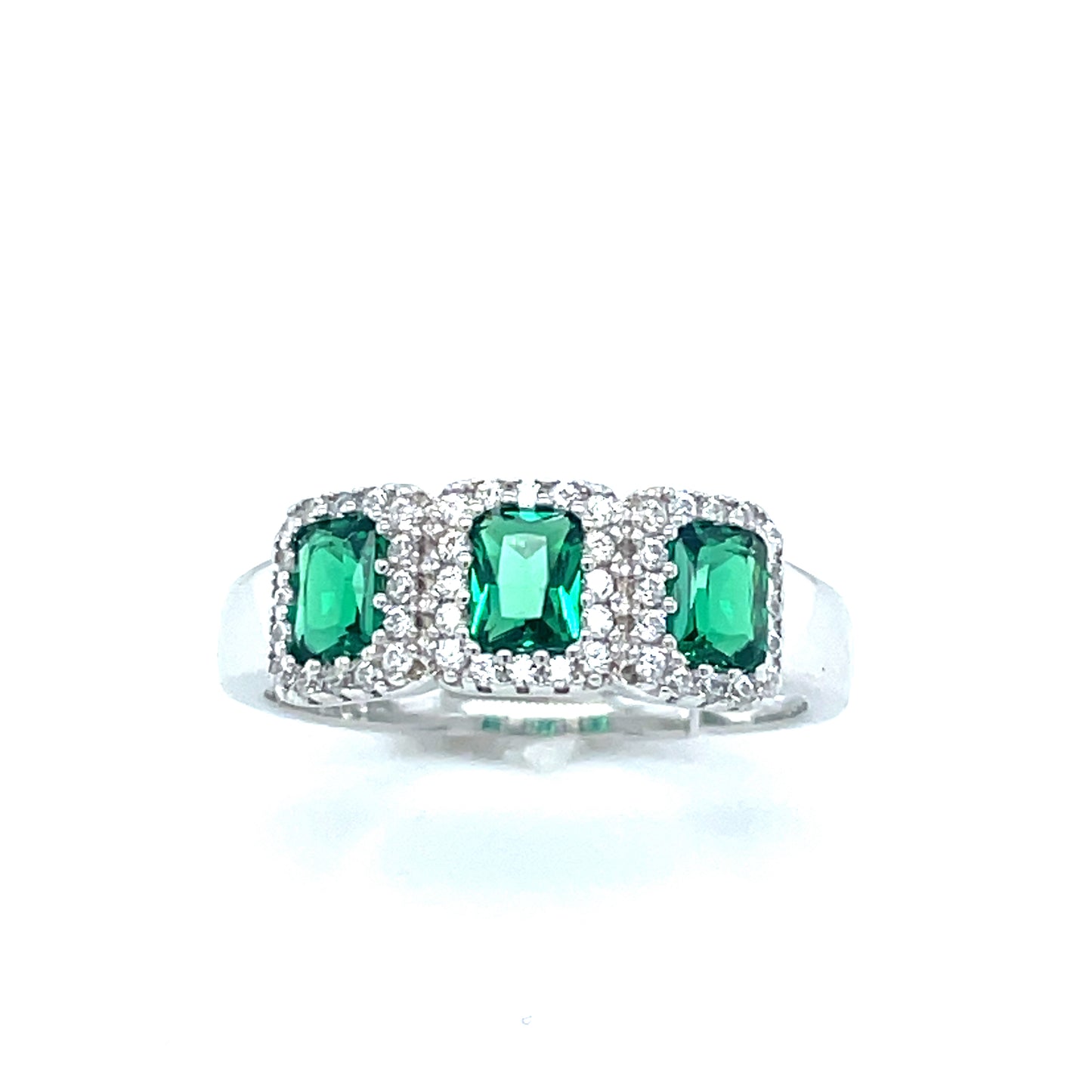 STERLING SILVER CUBIC ZIRCONIA AND GREEN STONE 3 STONE HALO EXPANDER RING