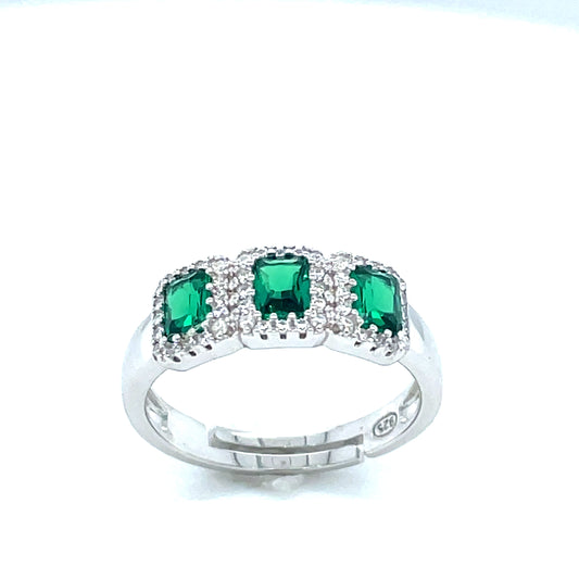 STERLING SILVER CUBIC ZIRCONIA AND GREEN STONE 3 STONE HALO EXPANDER RING