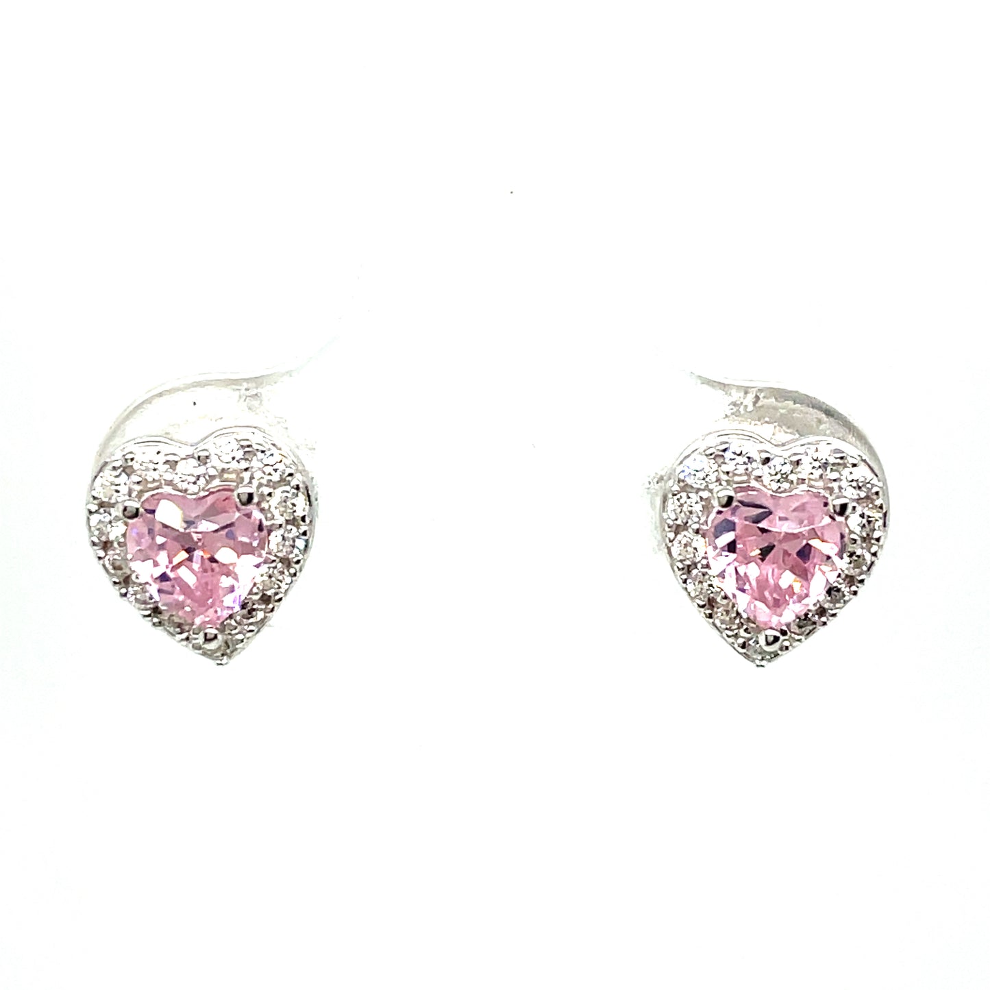 STERLING SILVER CUBIC ZIRCONIA AND PINK STONE HALO HEART STUD EARRING