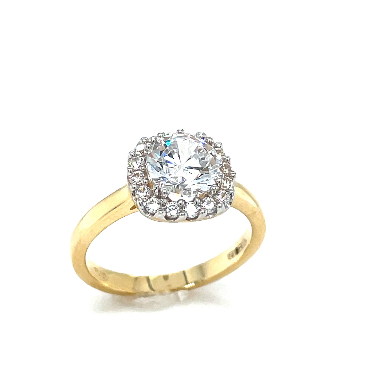 9CT CUBIC ZIRCONIA ROUND SOLITAIRE CUSHION HALO DRESS RING