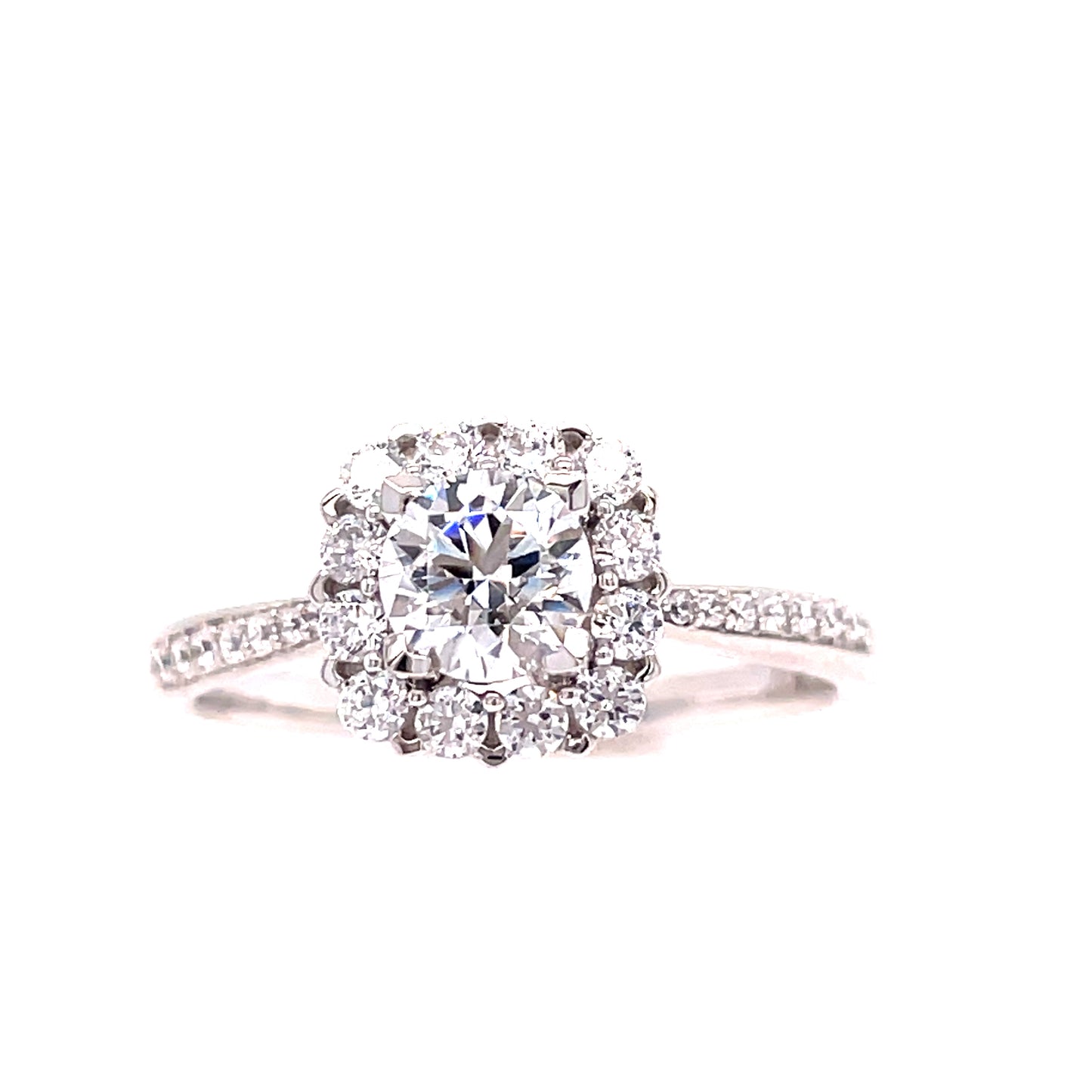 9ct White Gold Cushion Cut CZ Ring with CZ Halo and Shoulders