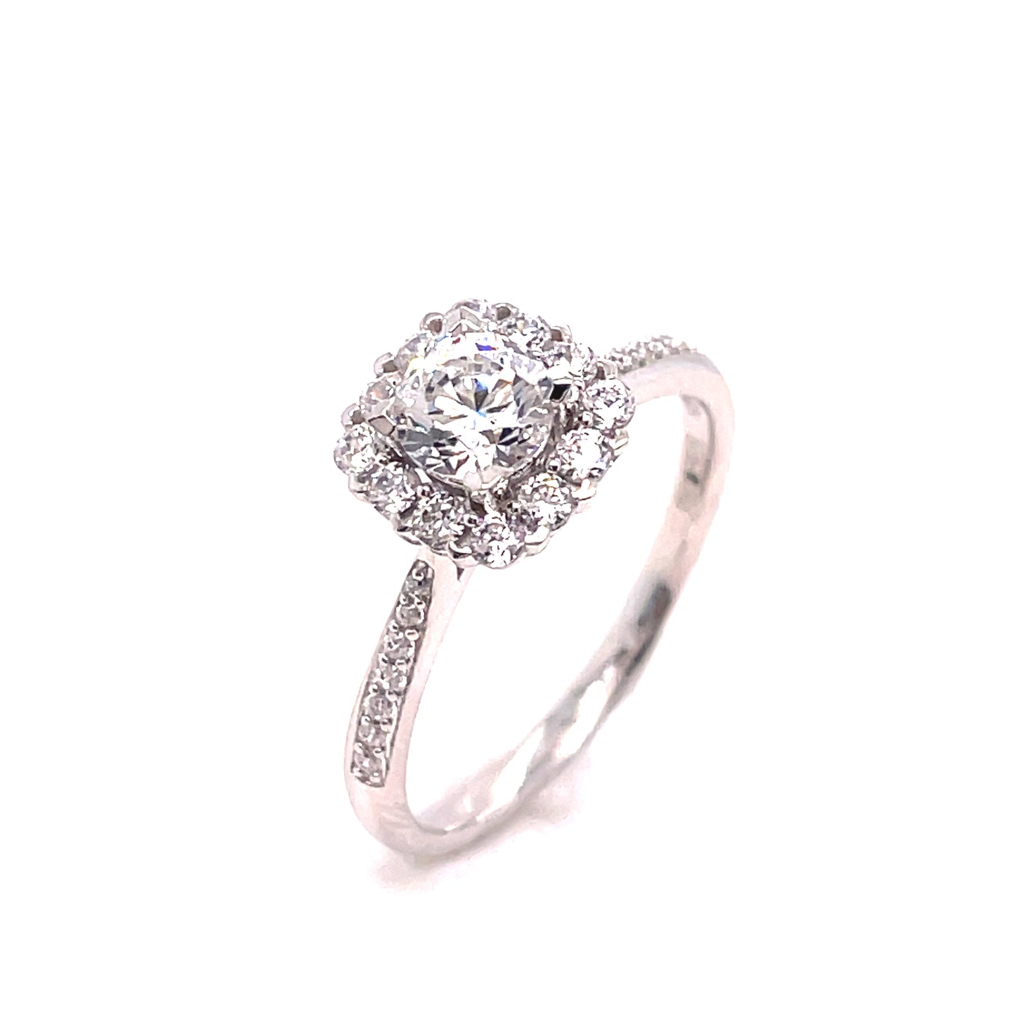 9ct White Gold Cushion Cut CZ Ring with CZ Halo and Shoulders