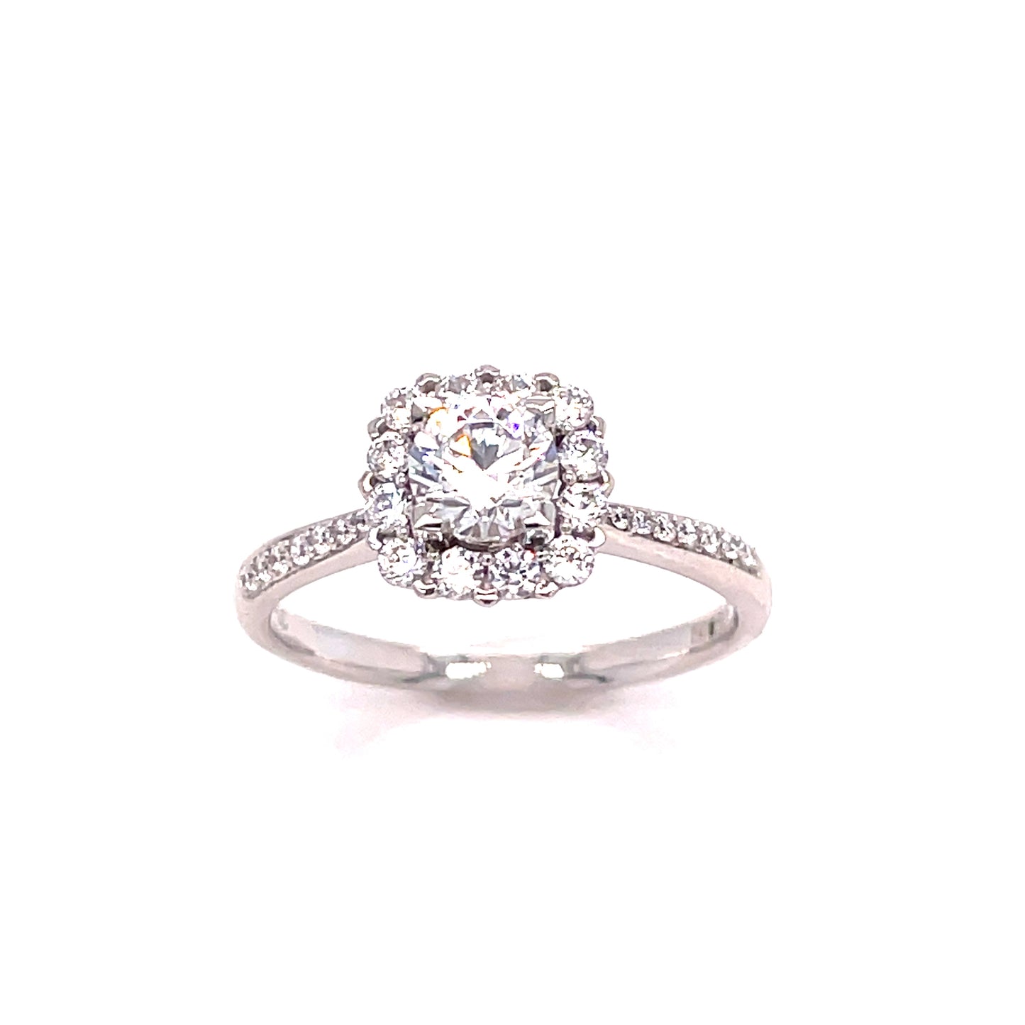 9ct White Gold Cushion Cut CZ Ring with CZ Halo and Shoulders