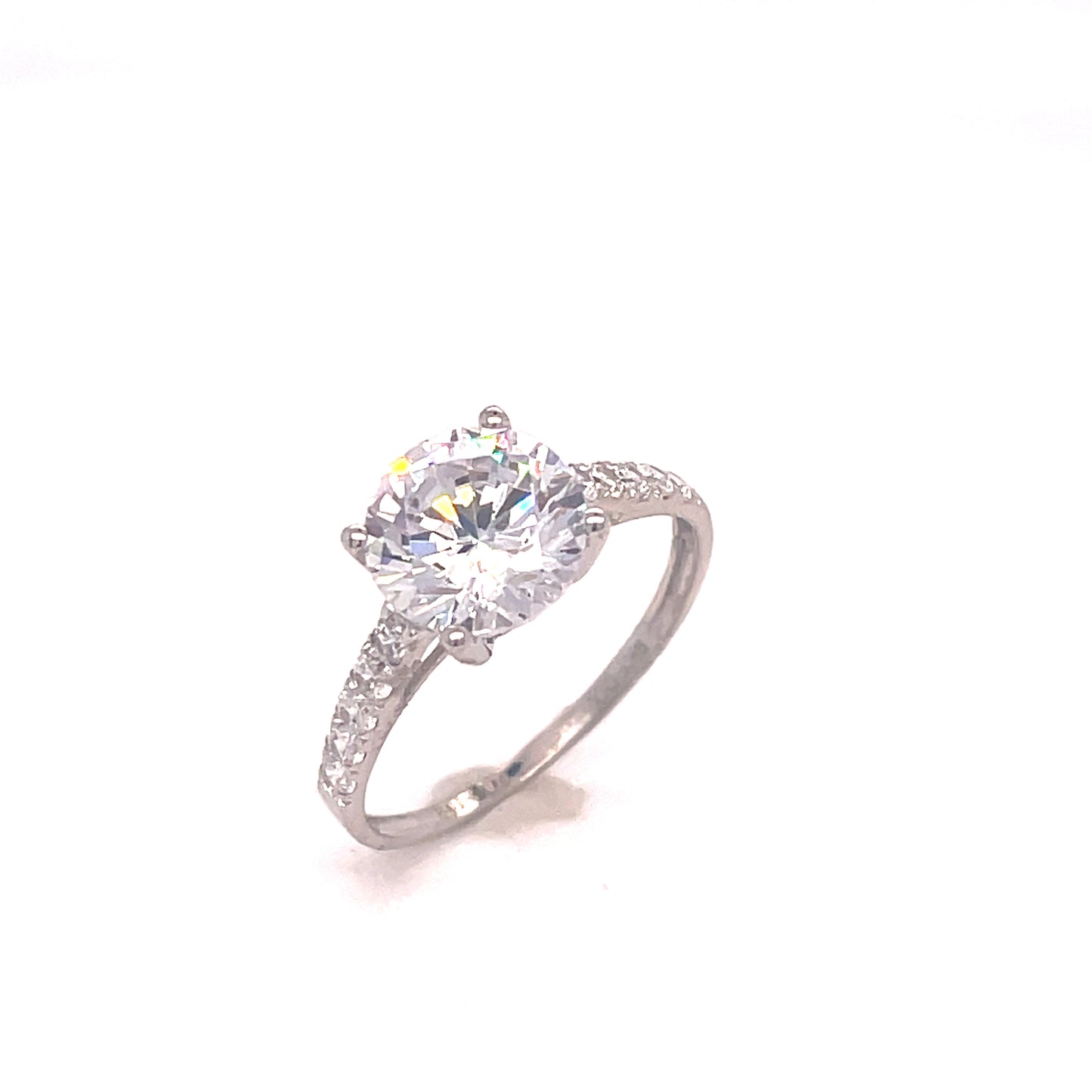 9CT WHITE GOLD CUBIC ZIRCONIA ROUND SOLITAIRE DRESS RING WITH STONE SET SHOULDERS