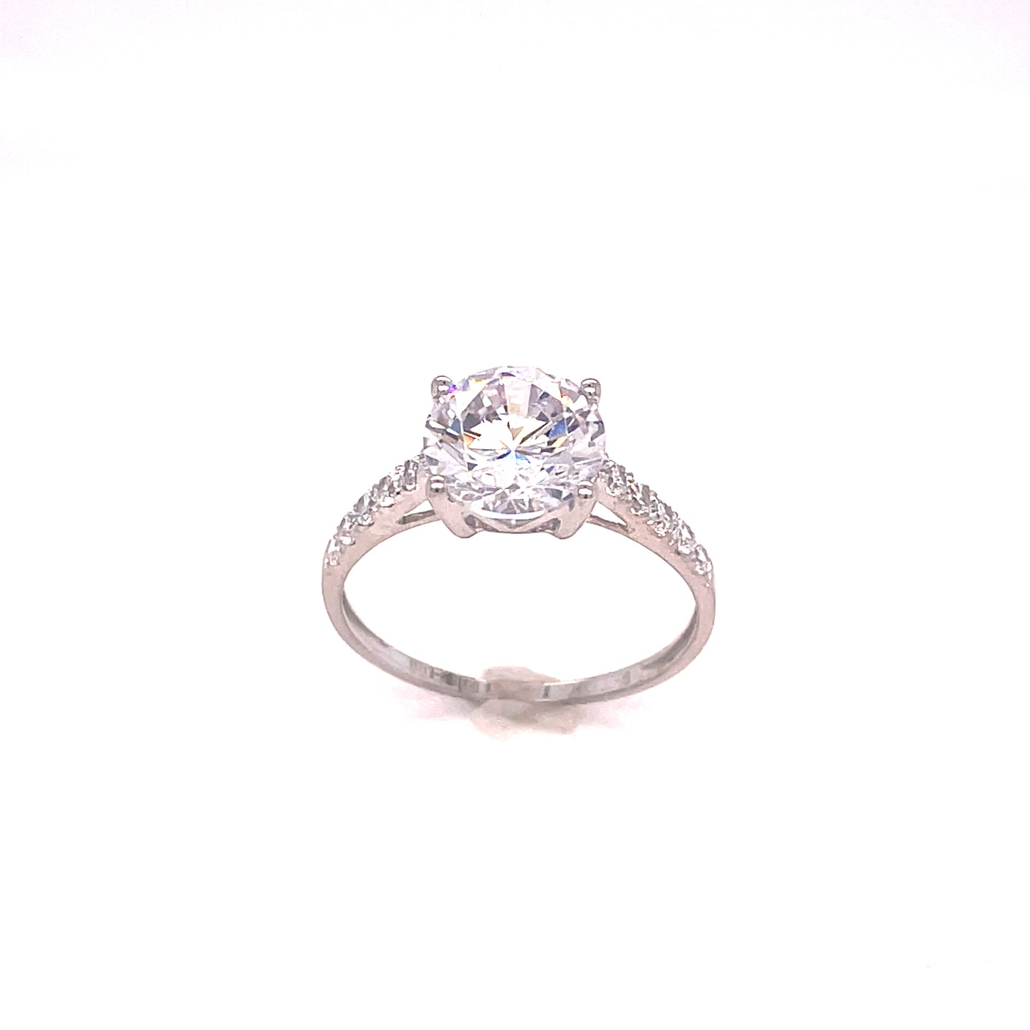 9CT WHITE GOLD CUBIC ZIRCONIA ROUND SOLITAIRE DRESS RING WITH STONE SET SHOULDERS