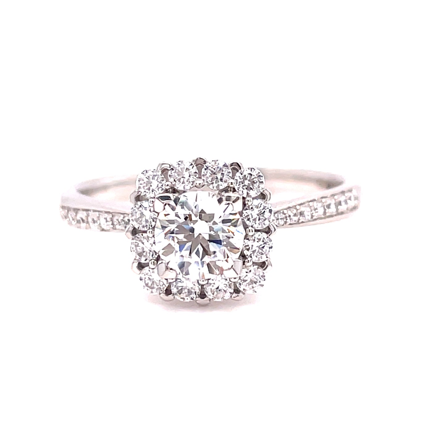 9ct White Gold Cushion Cut CZ Ring with CZ Halo and Shoulders