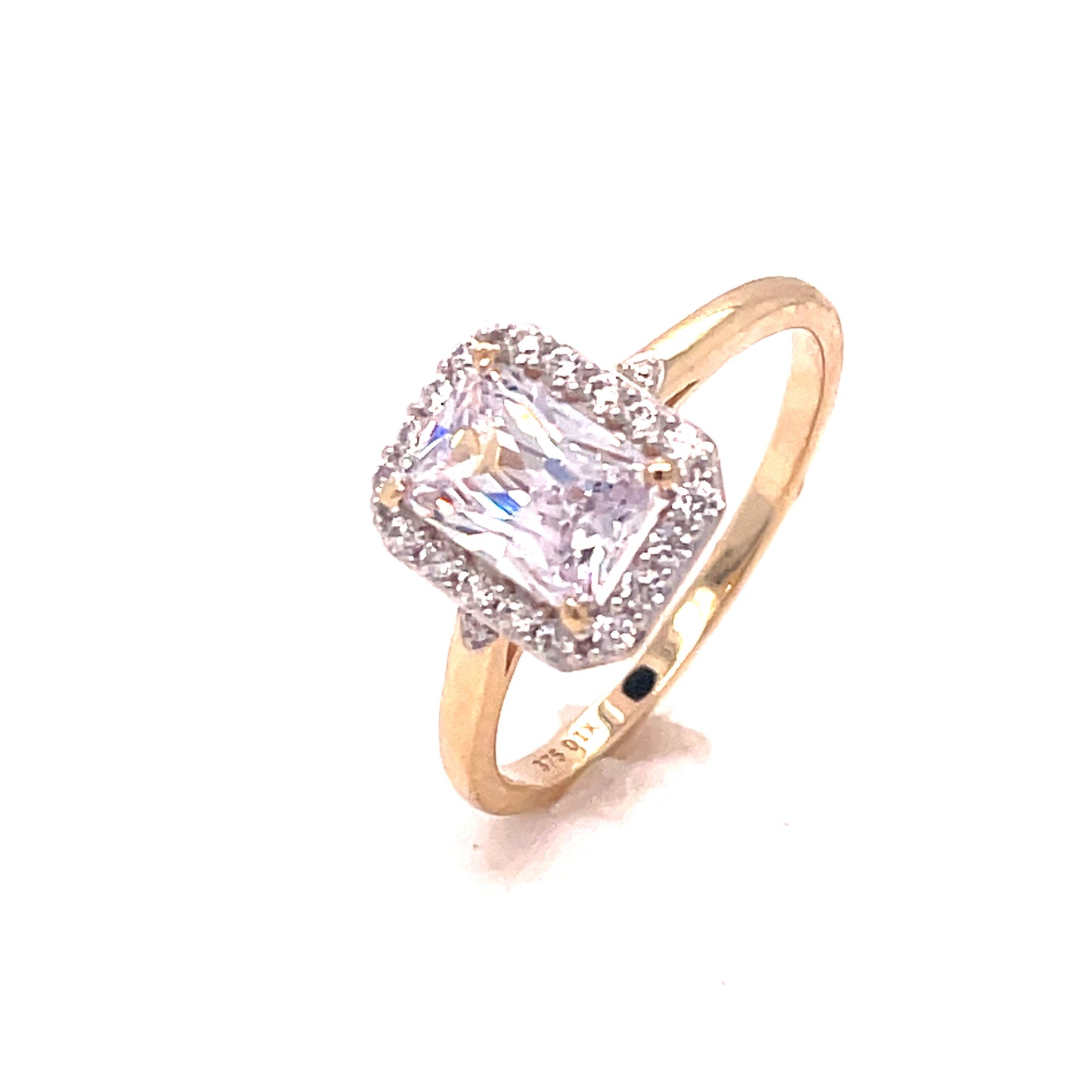 9CT CUBIC ZIRCONIA EMERALD CUT HALO DRESS RING