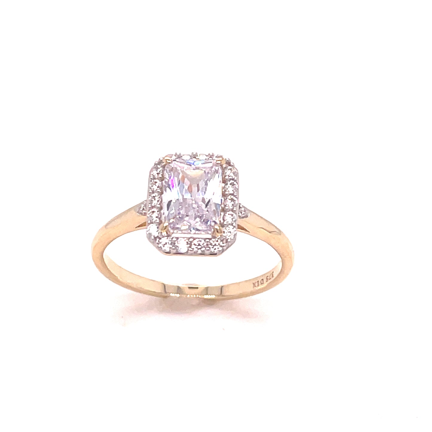 9CT CUBIC ZIRCONIA EMERALD CUT HALO DRESS RING