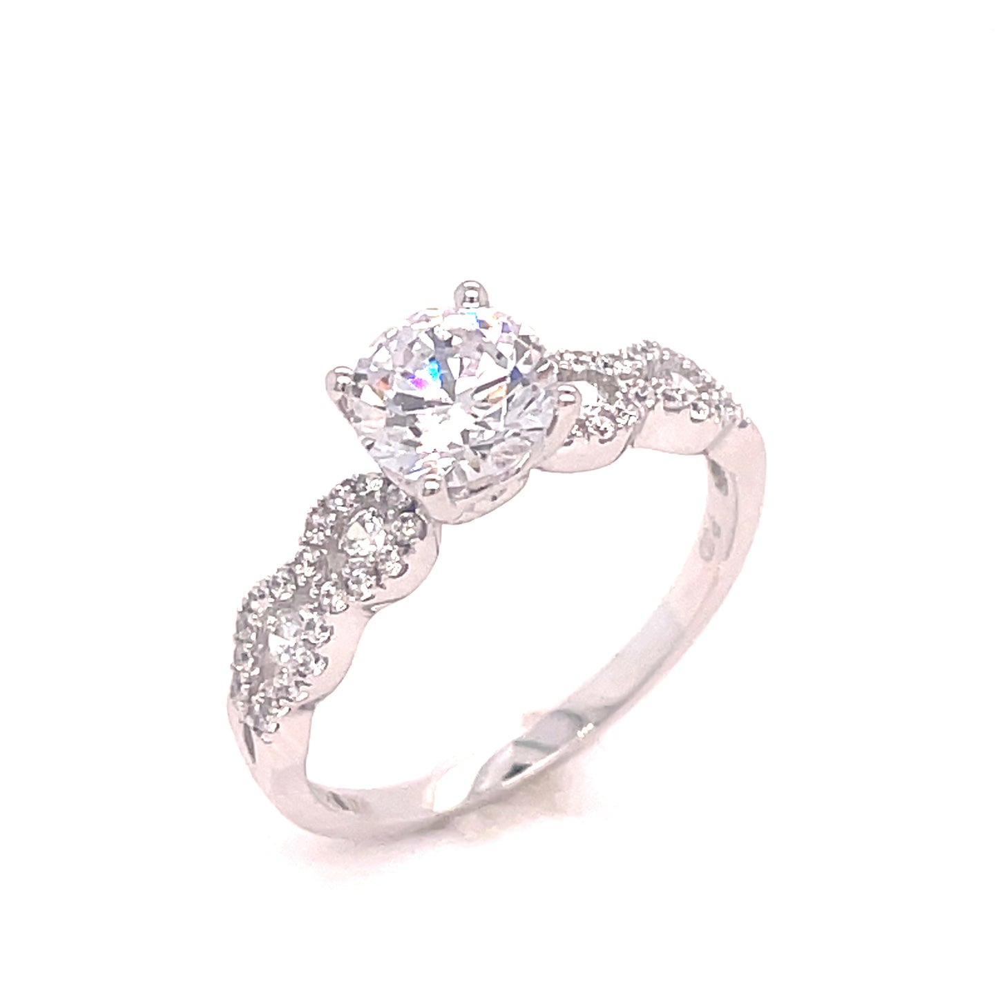 9CT WHITE GOLD CUBIC ZIRCONIA ROUND SOLITAIRE DRESS RING WITH OPEN FANCY SHOULDERS