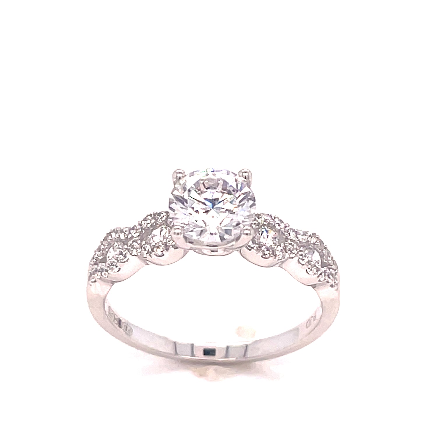 9CT WHITE GOLD CUBIC ZIRCONIA ROUND SOLITAIRE DRESS RING WITH OPEN FANCY SHOULDERS