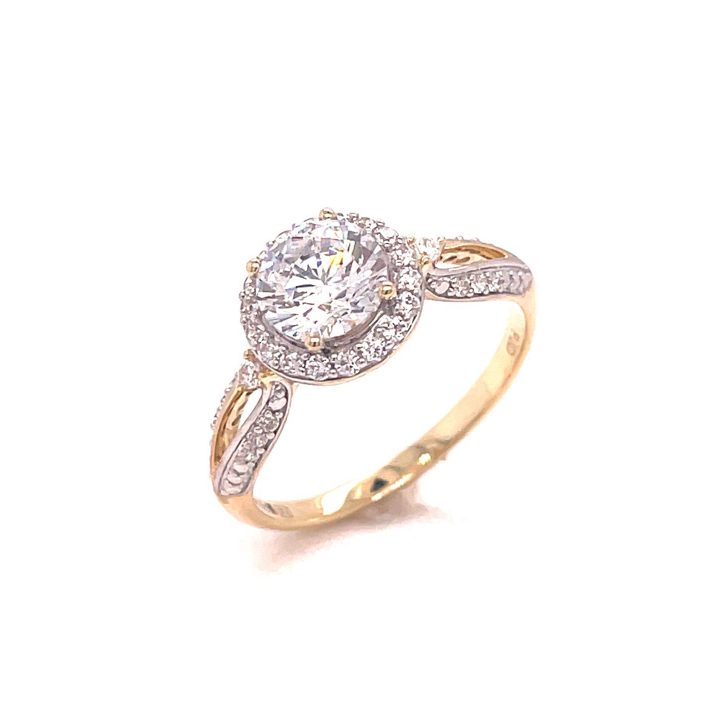 9CT CUBIC ZIRCONIA ROUND HALO DRESS WITH WITH OPEN FANCY SHOULDERS