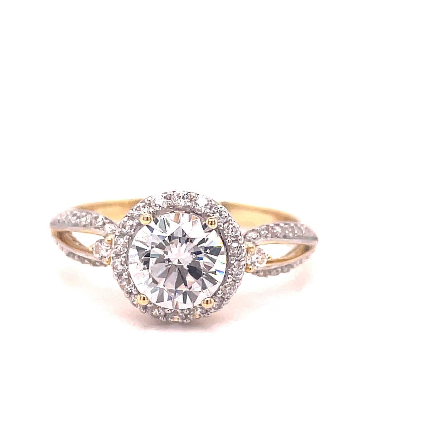 9CT CUBIC ZIRCONIA ROUND HALO DRESS WITH WITH OPEN FANCY SHOULDERS