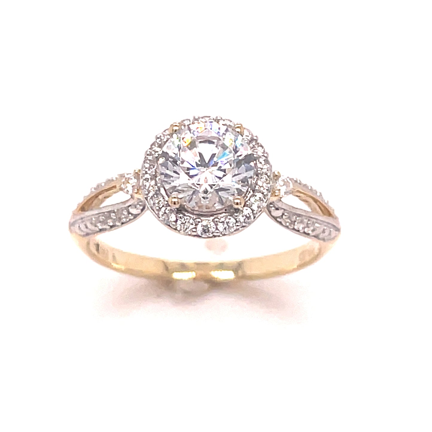 9CT CUBIC ZIRCONIA ROUND HALO DRESS WITH WITH OPEN FANCY SHOULDERS