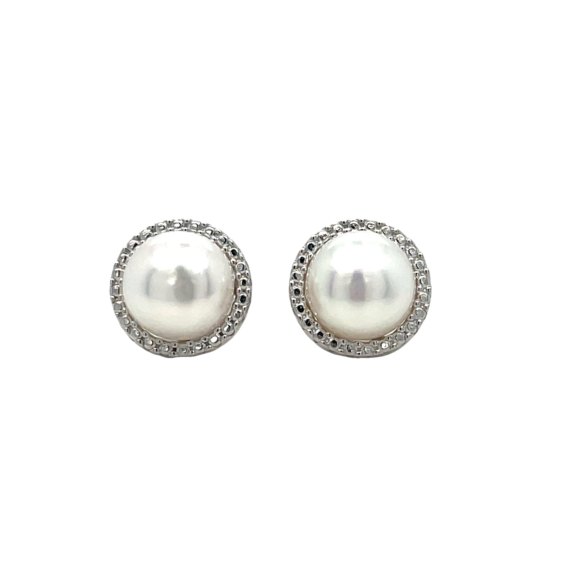 9CT WHITE GOLD FRESHWATER PEARL AND CUBIC ZIRCONIA HALO STUD EARRING