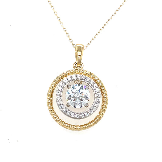 9CT CUBIC ZIRCONIA 2 ROW BEADED PENDANT WITH FLOATING STONE IN CENTRE