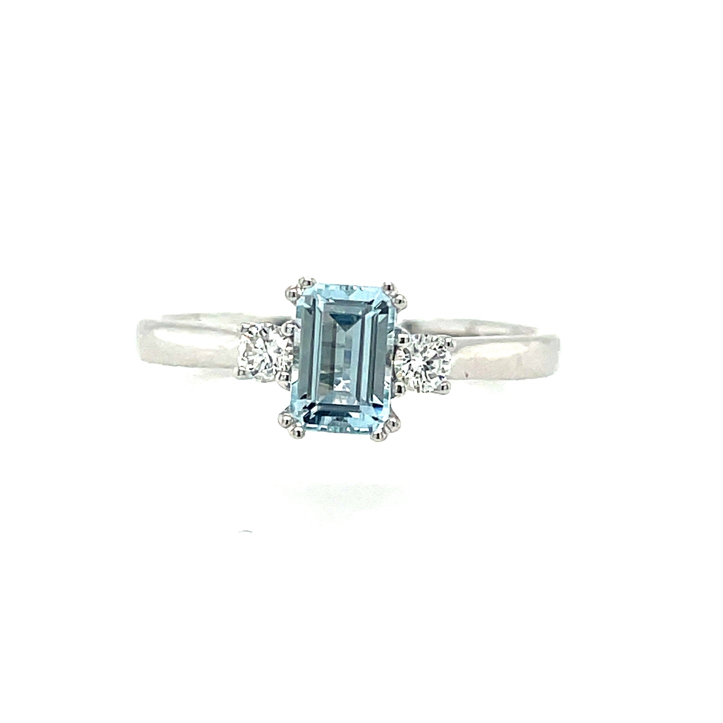 9CT WHITE GOLD EMERALD CUT 3 STONE AQUAMARINE AND DIAMOND RING .12CT