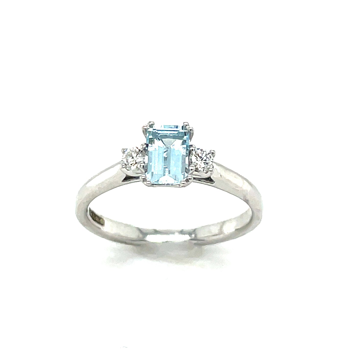 9CT WHITE GOLD EMERALD CUT 3 STONE AQUAMARINE AND DIAMOND RING .12CT