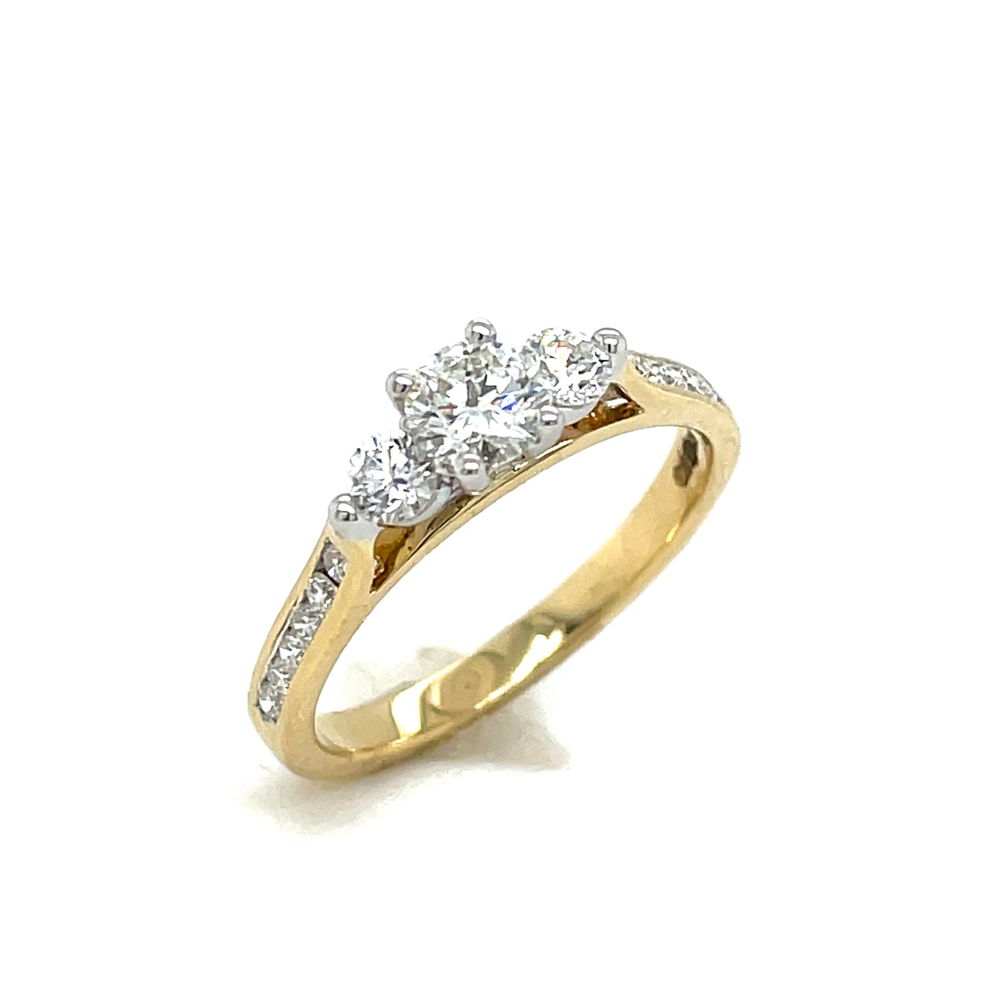 9ct Gold Three Stone Round Brilliant Diamond Ring With Channel Set Shoulders .75ct