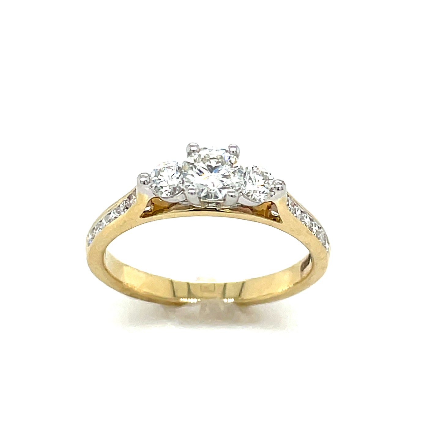 9ct Gold Three Stone Round Brilliant Diamond Ring With Channel Set Shoulders .75ct
