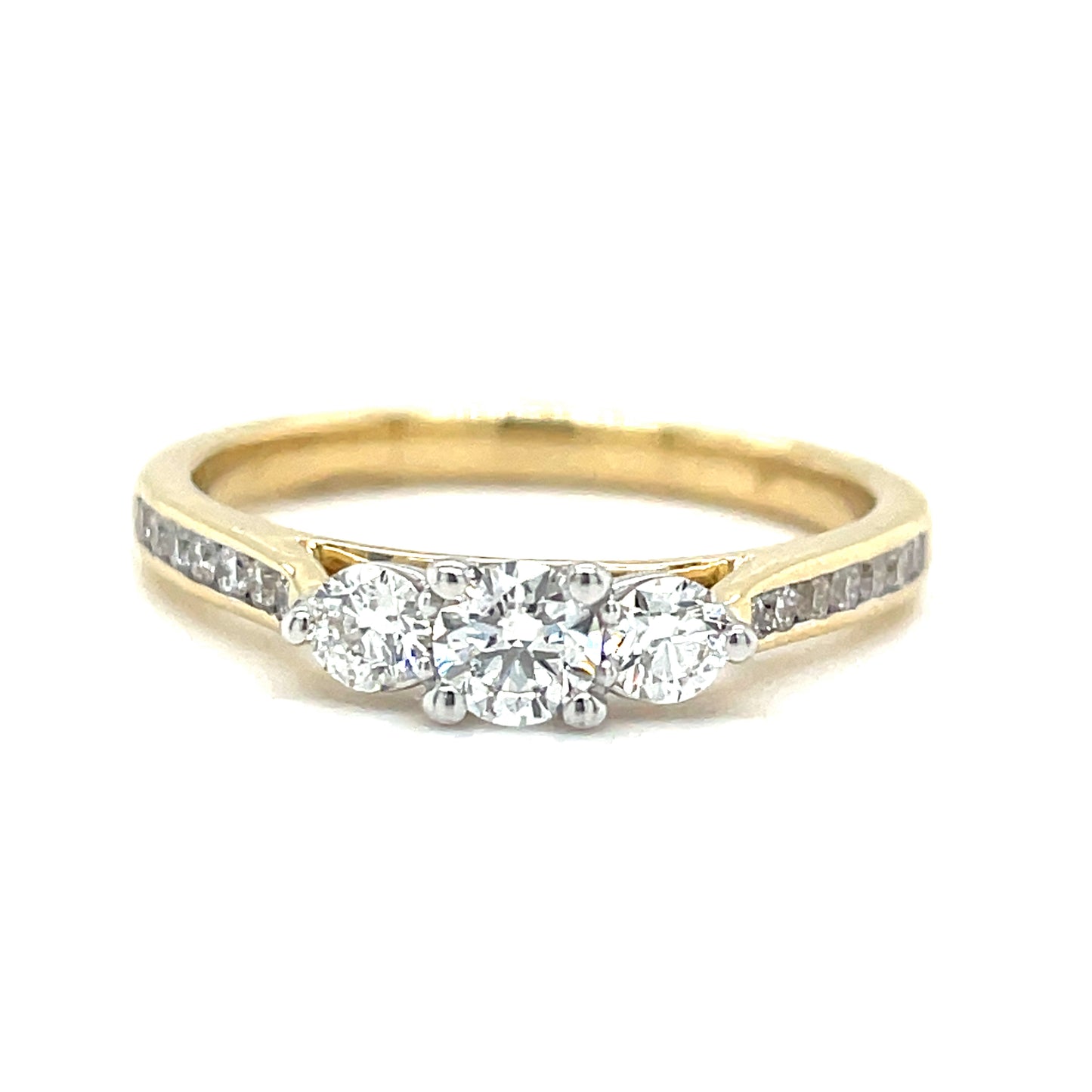 9ct Gold Three Stone Round Brilliant Diamond Ring with Channel Set Shoulders .50ct