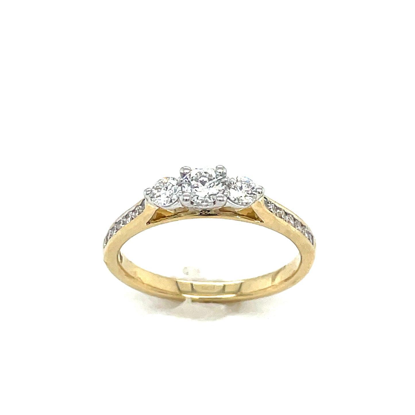 9ct Gold Three Stone Round Brilliant Diamond Ring with Channel Set Shoulders .50ct