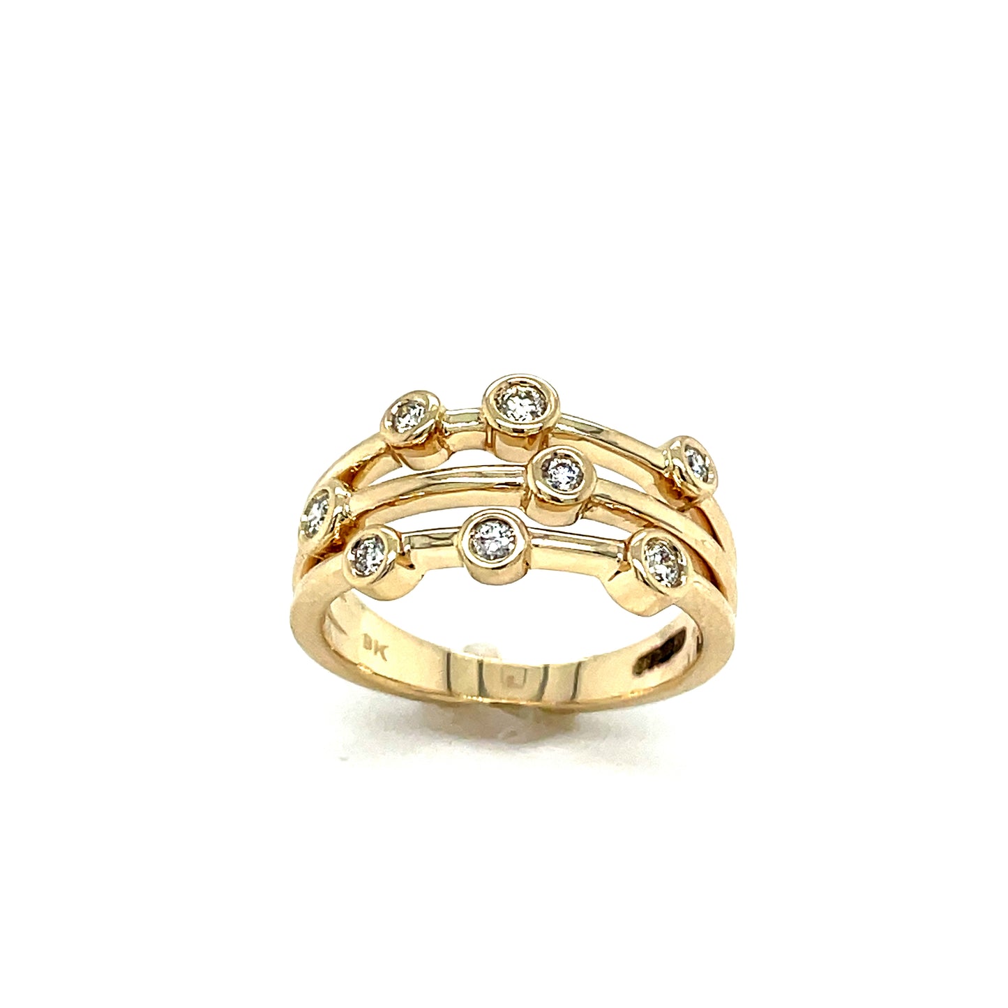 9CT 3 ROW 8 STONE RUBOVER DIAMOND RING .20CT