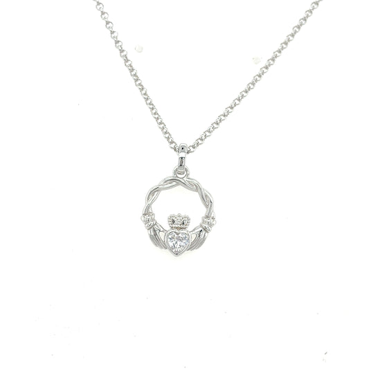 Sterling Silver Rubover CZ Woven Claddagh Necklet