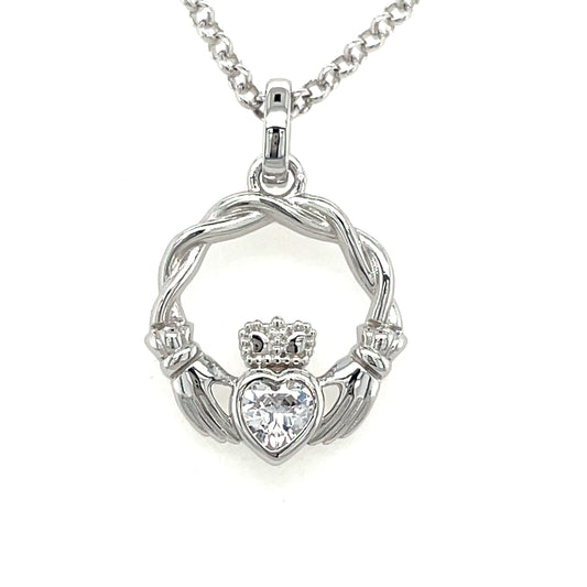 Sterling Silver Rubover CZ Woven Claddagh Necklet