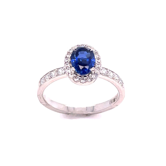 9ct White Gold Oval Sapphire & Cubic Zirconia Cluster Ring With Cubic Zirconia Shoulders