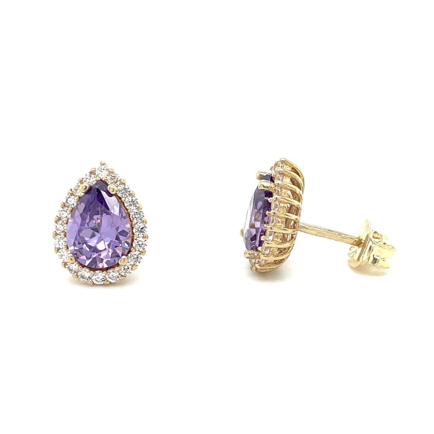 9ct Cubic Zirconia And Amethyst Pear Halo Stud Earring