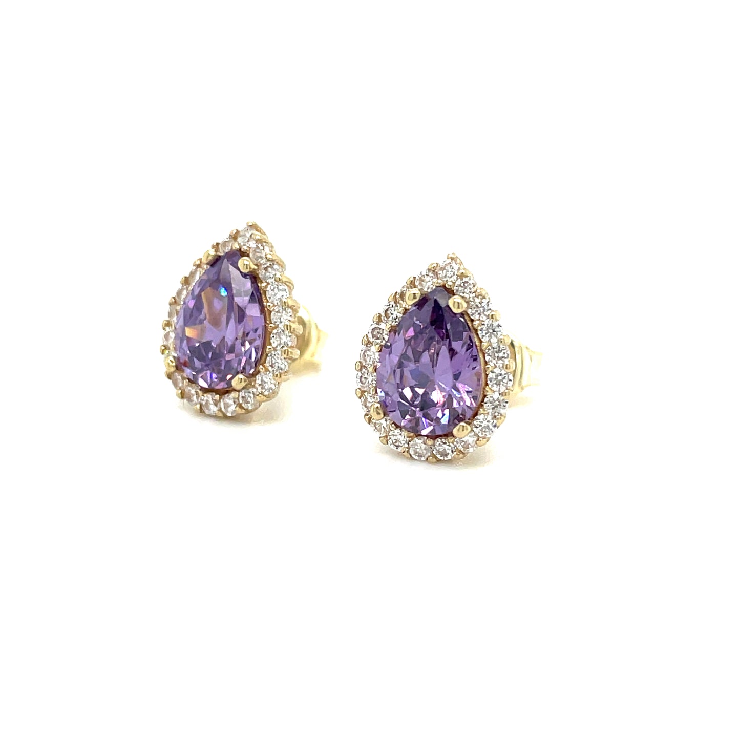 9ct Cubic Zirconia And Amethyst Pear Halo Stud Earring