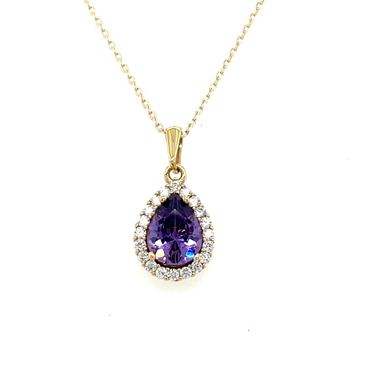 9CT CUBIC ZIRCONIA AND AMYTHEST PEAR HALO PENDANT