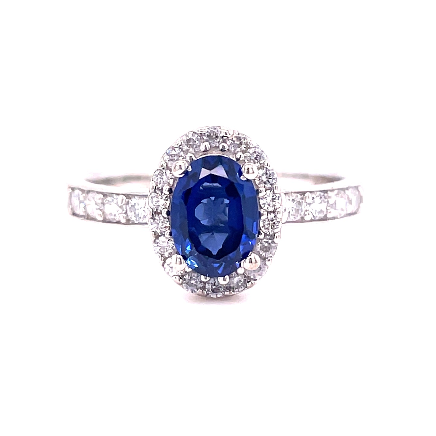 9ct White Gold Oval Sapphire & Cubic Zirconia Cluster Ring With Cubic Zirconia Shoulders