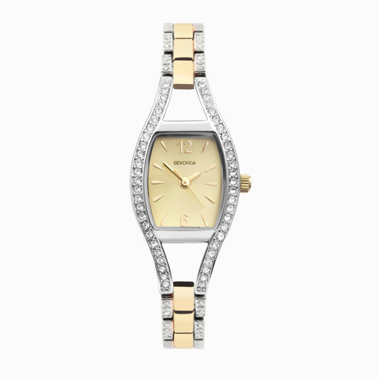 Ladies Sekonda Two Tone Cubic Zirconia Watch With Gold Dial