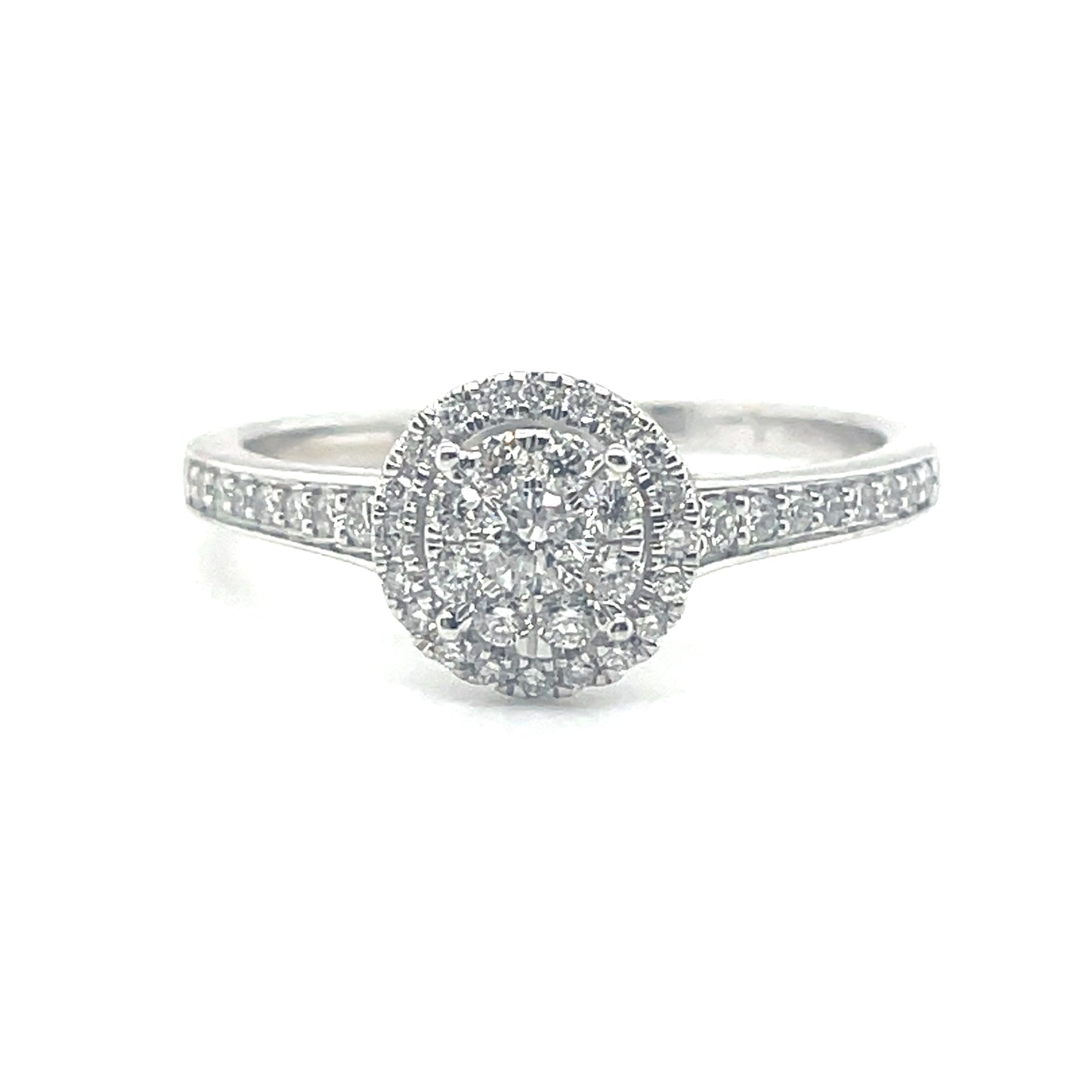 9ct White Gold Round Cluster Diamond Ring With Diamond Set Shoulders .33ct