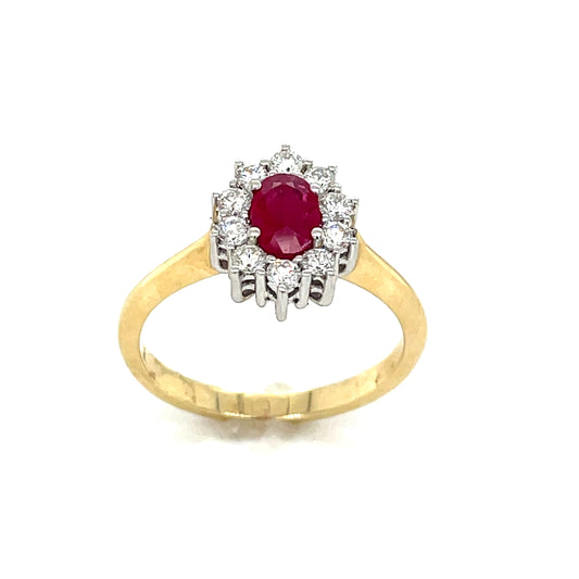 9ct Ruby And Diamond Oval Cluster .30ct Diamond Ring